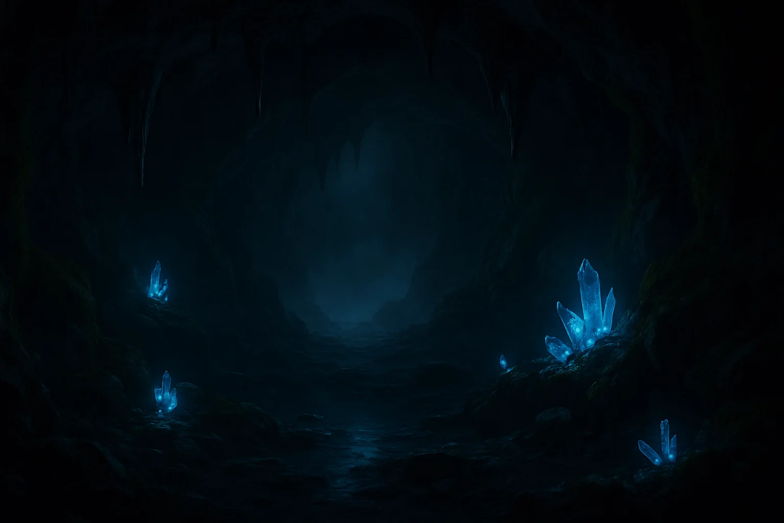 Cueva oscura con cristales azules de Echoes of the Abyss